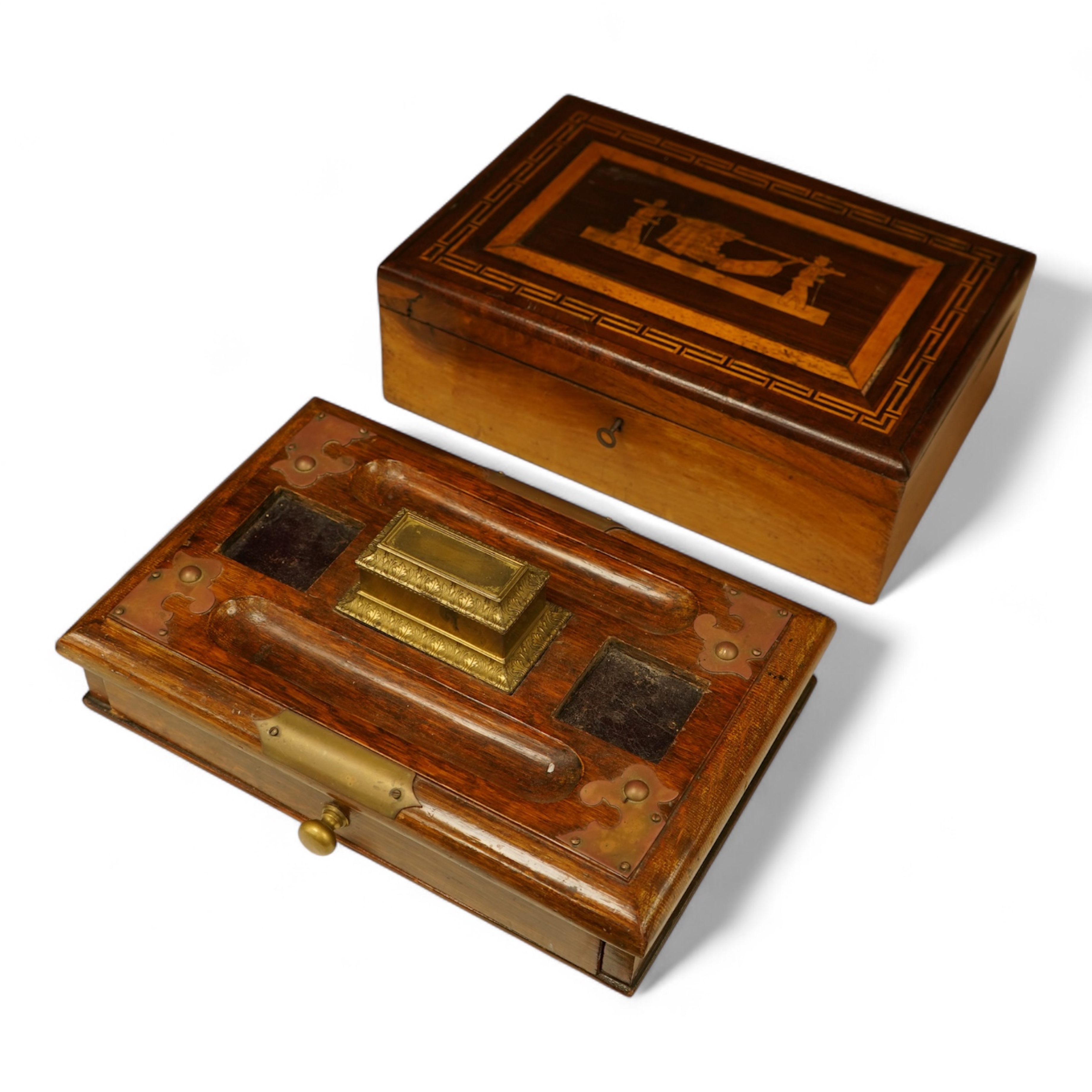 A 19th century Colonial marquetry work box, with key and an oak desk stand, 32cm wide